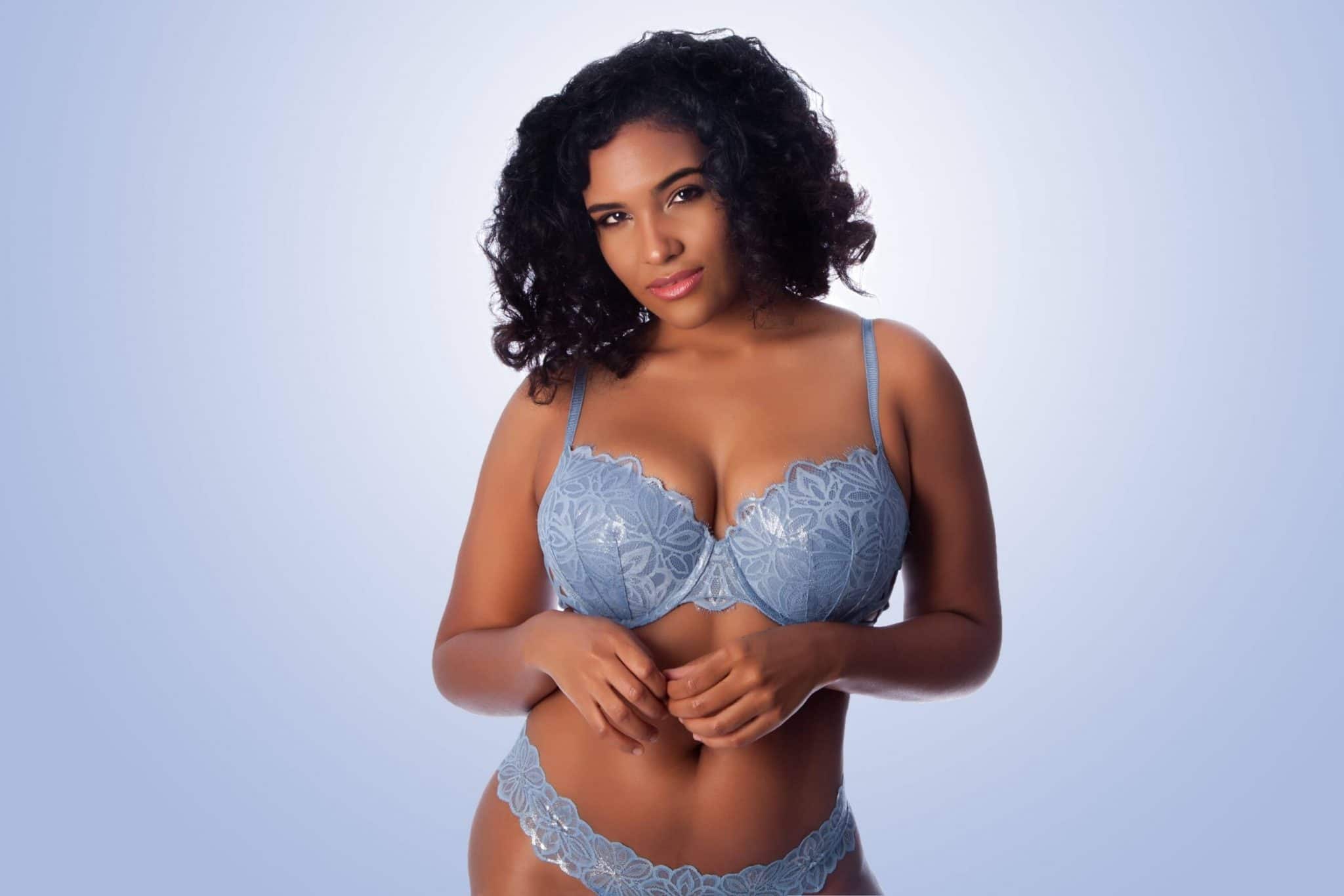 beautiful model in blue matching plus size lingerie