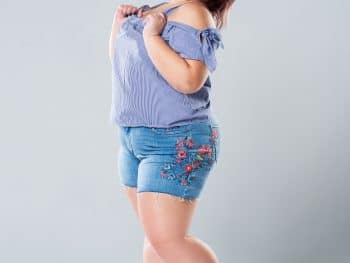 Plus size fashion model in jean shorts woman on gray background