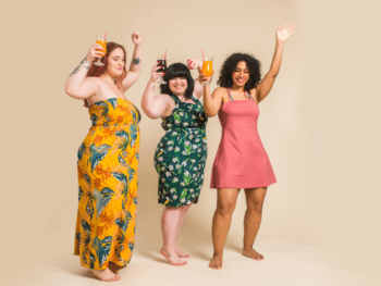3 happy plus size ladies in summer dresses wearing control briefs