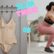 the left half shows a shaping bodysuit hanging on the back of the door. The right shows a woman in activewear doing a squat. Overlaid text reads "slim thick" and asks which is the better approach.